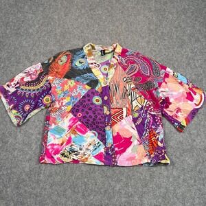 Sacred Threads Mixed Media Patchwork 3.4 Sleeve Button Up Top Women's Size Small